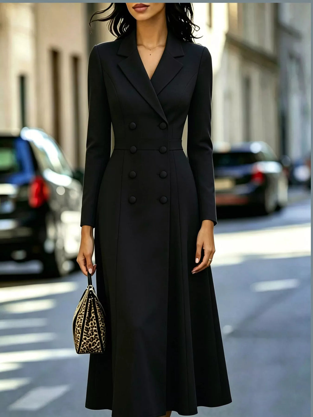 Double-Breasted Lapel-Collar Long-Sleeve Midi Dress