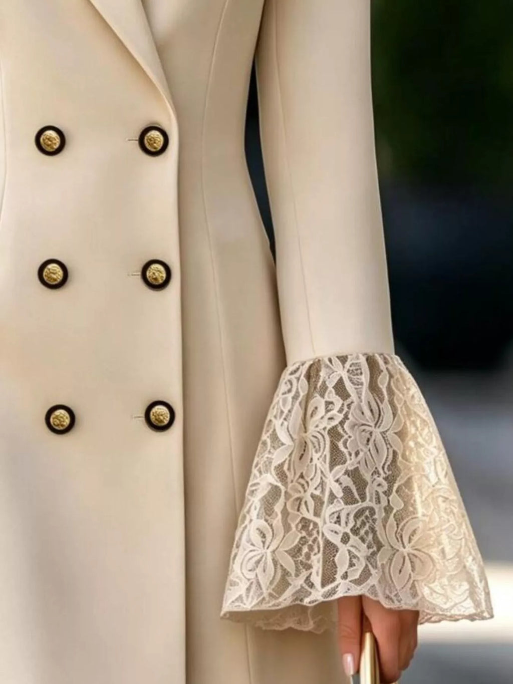 Double-Breasted Blazer Dress with Lace Flare Cuffs