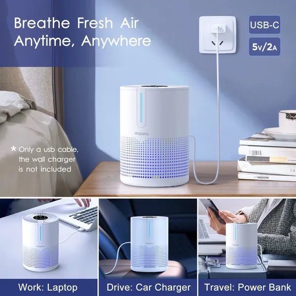 MOOKA HEPA H13 Air Purifier — Travel-Size Desktop Air Cleaner for Bedroom, Office & Car | 300 Sq.Ft Coverage | USB-C Powered — Prime Trend Market