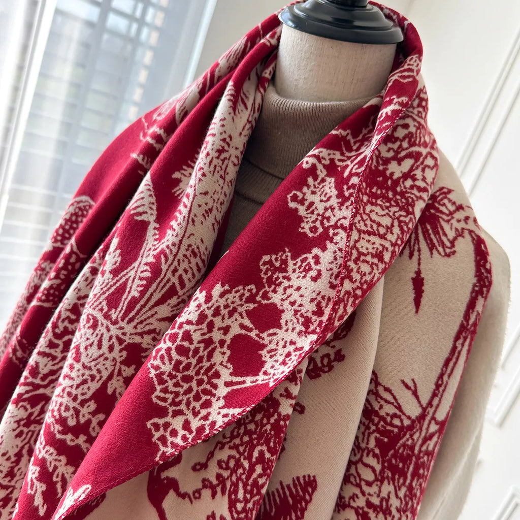 Deep Red Wildlife Raw-Hem Scarf