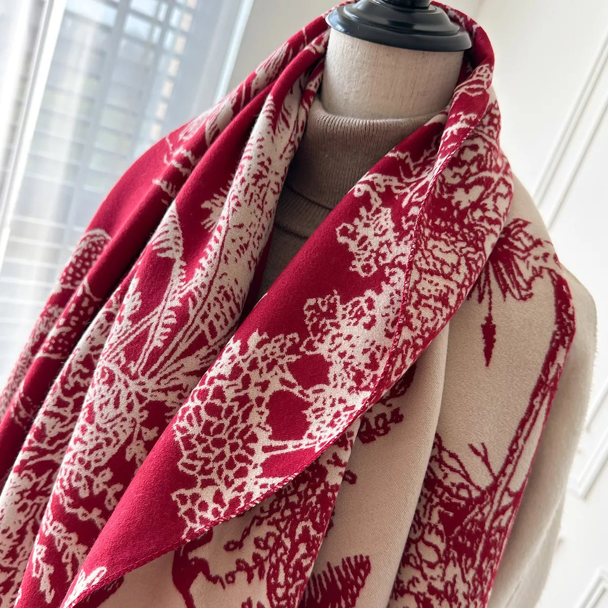 Deep Red Wildlife Raw-Hem Scarf