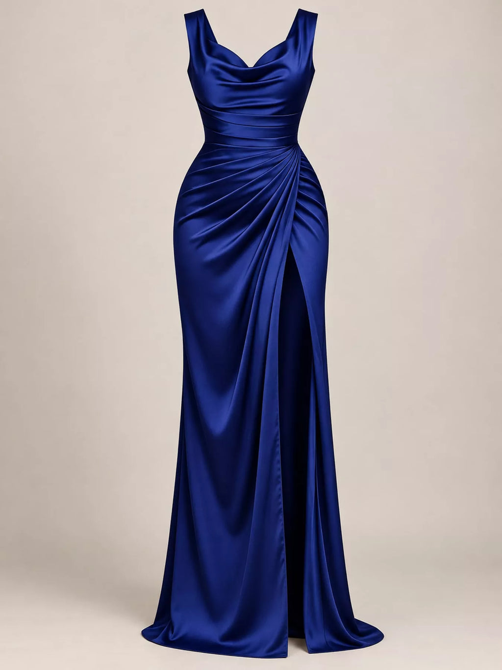 Satin Cowl-Neck Ruched High-Slit Maxi Dress