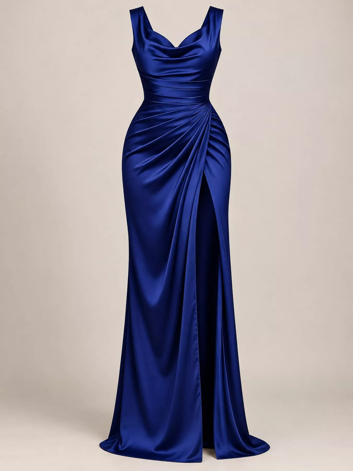 Satin Cowl-Neck Ruched High-Slit Maxi Dress