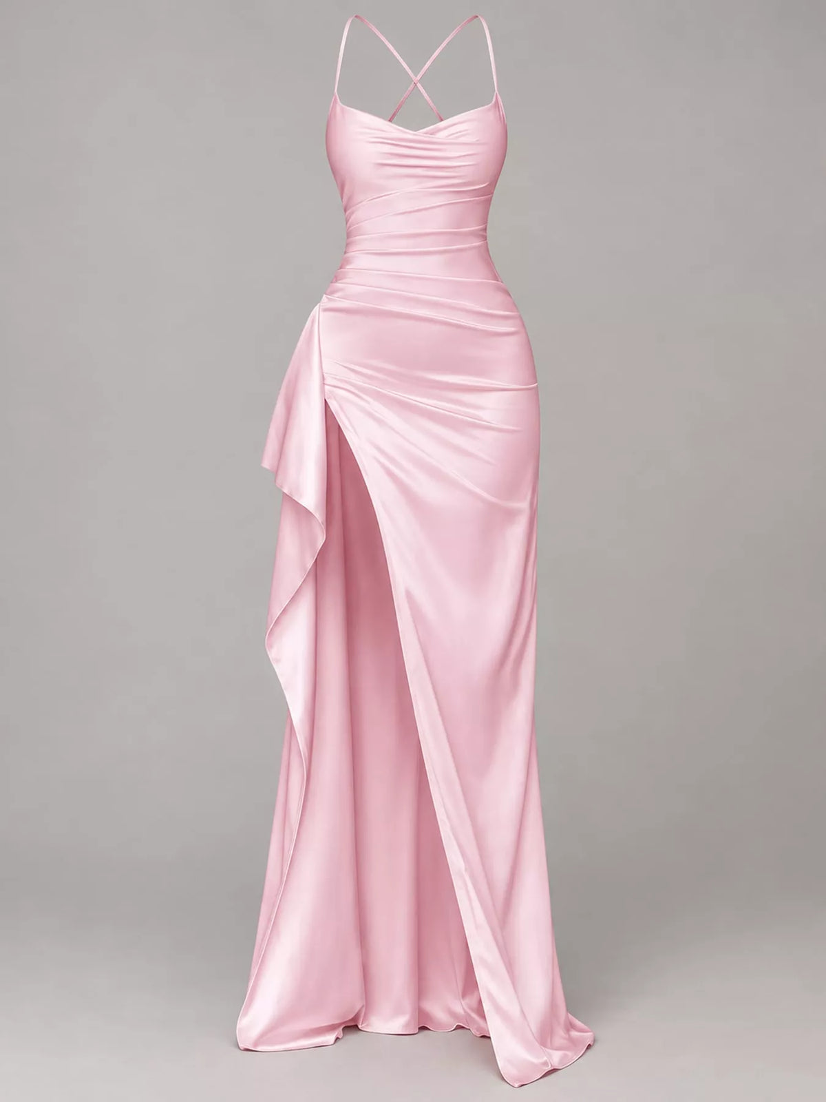Satin Ruched High-Slit Maxi Dress