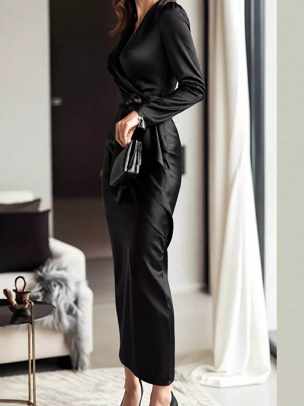 Satin Surplice Tie-Waist Long-Sleeve Midi Dress