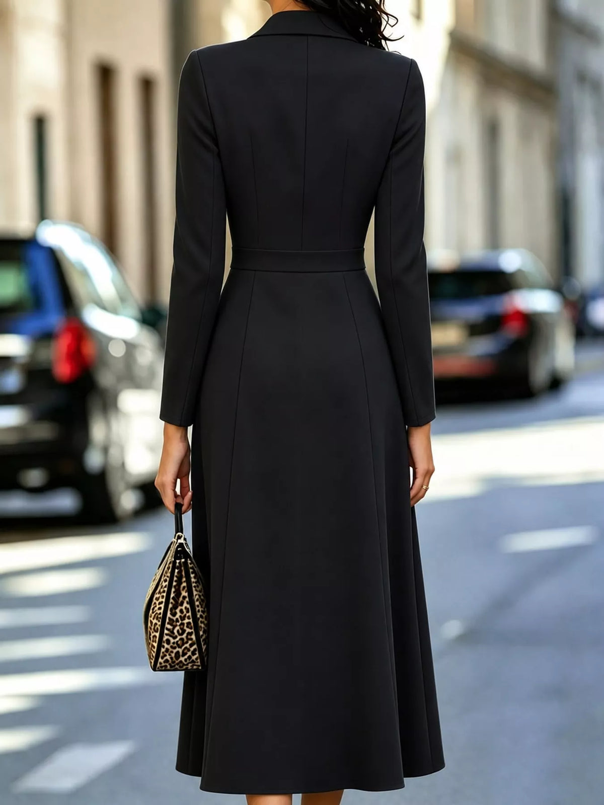 Double-Breasted Lapel-Collar Long-Sleeve Midi Dress