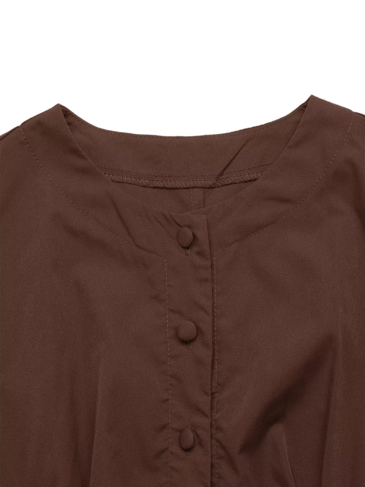 Coffee Brown Round-Neck Button-Front Long-Sleeve Midi Dress