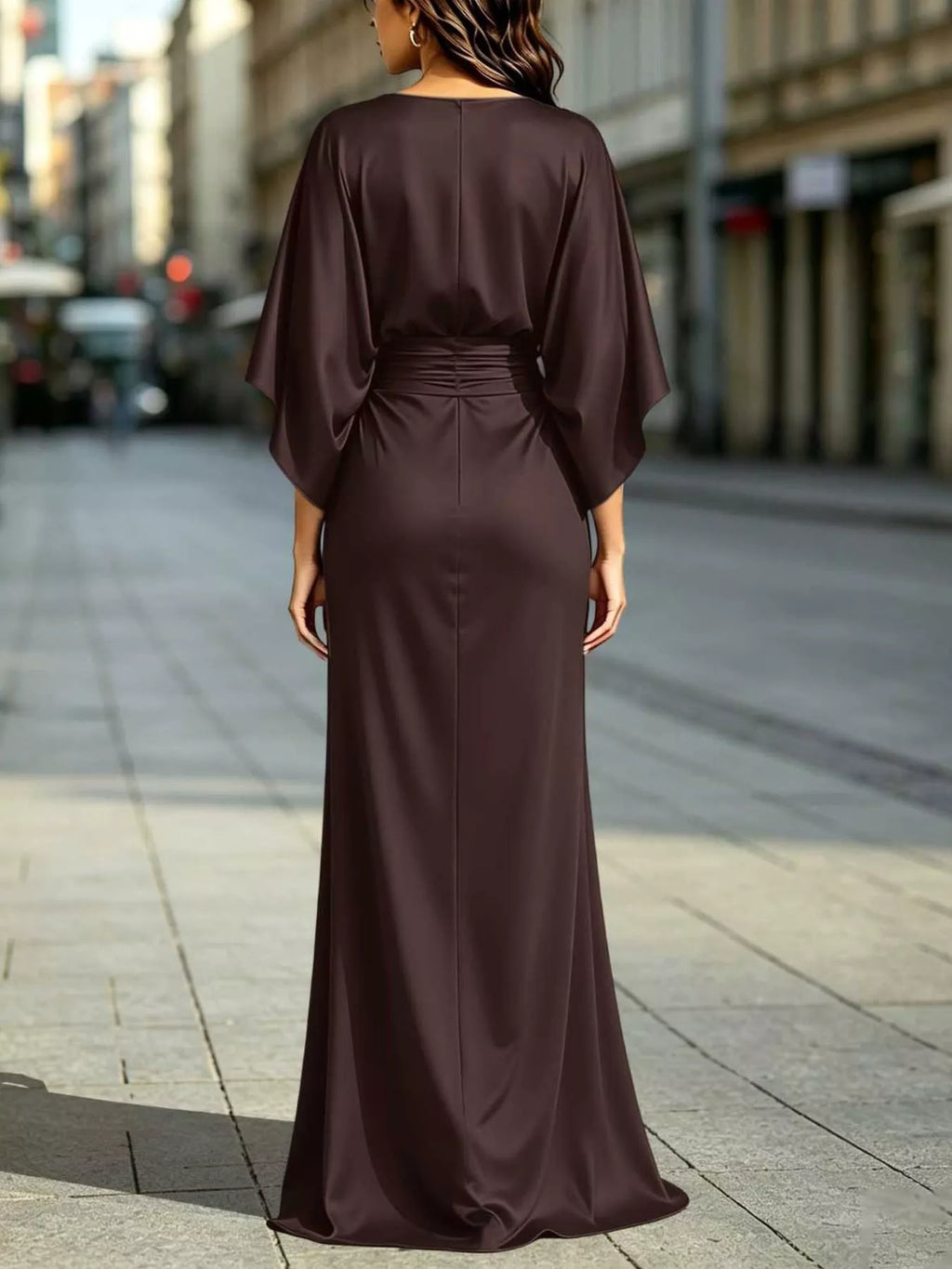 Ruched-Waist Draped-Sleeve Slit Maxi Dress with Pockets