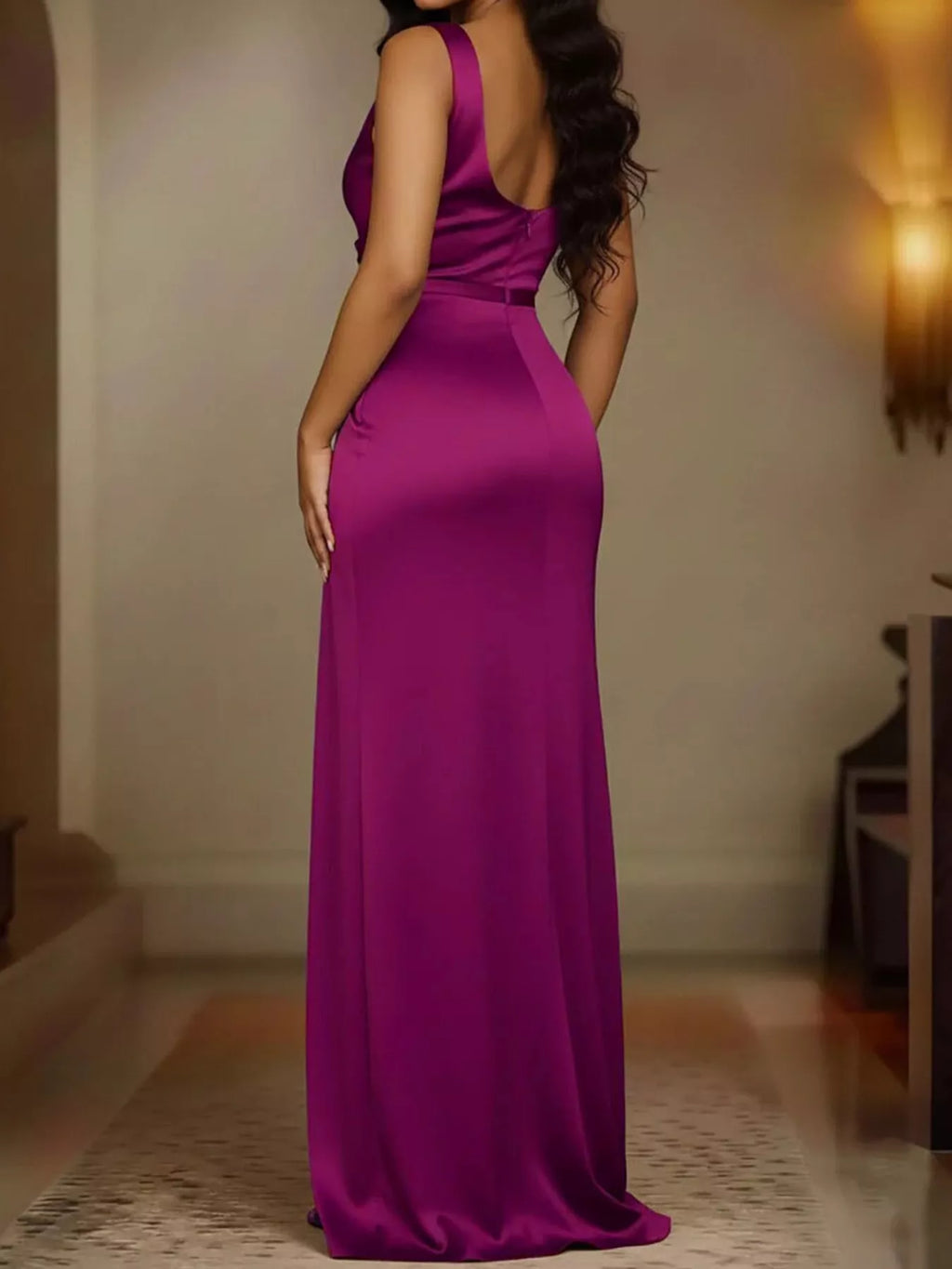 Satin Cowl-Neck Ruched High-Slit Maxi Dress