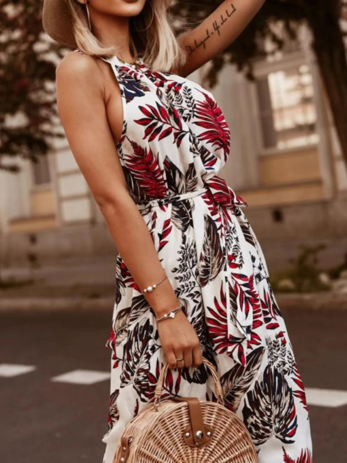 Tropical Floral Halter-Neck Tie-Waist Dress