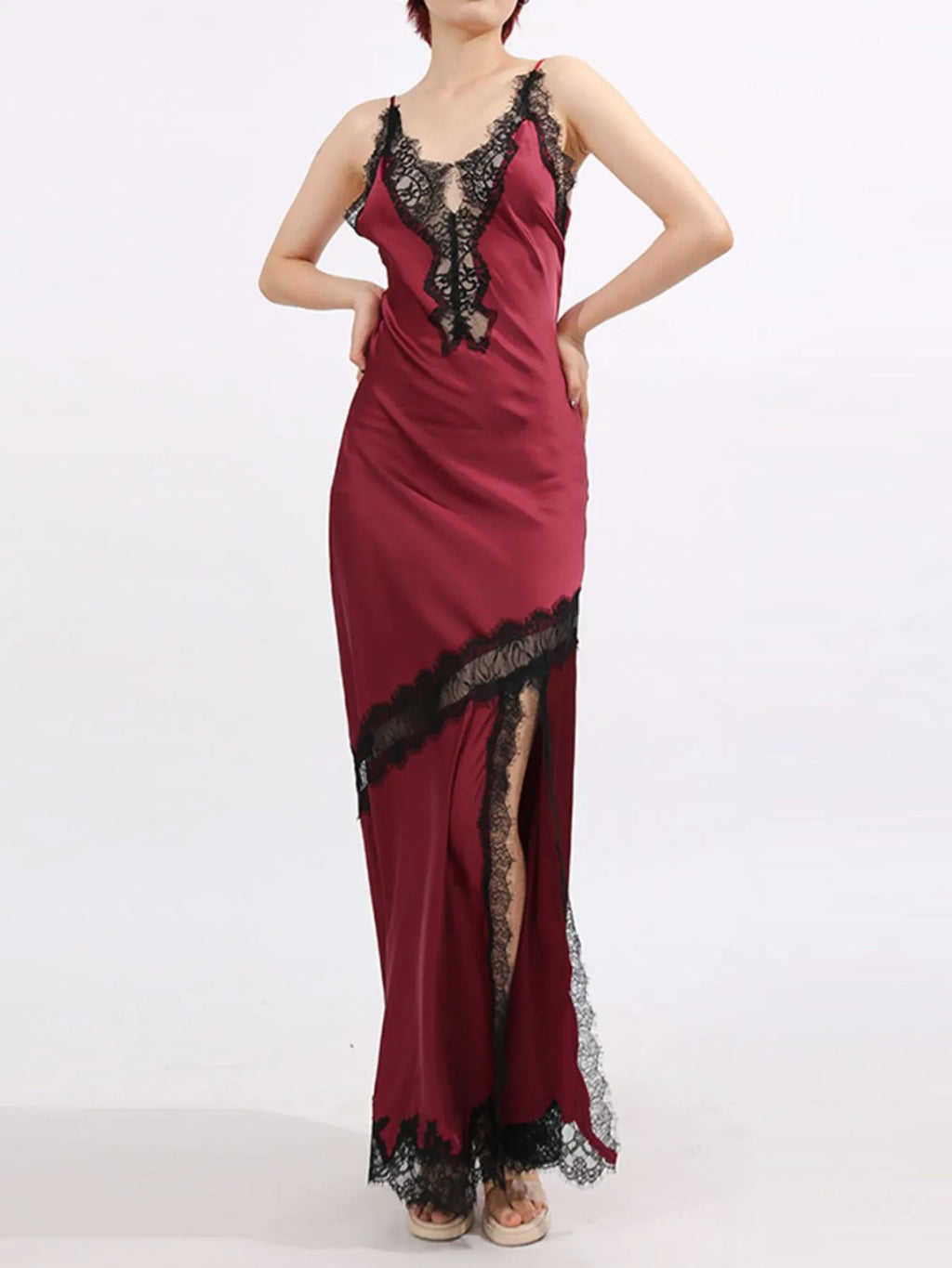 Burgundy Lace-Detail Slit Maxi Cami Dress