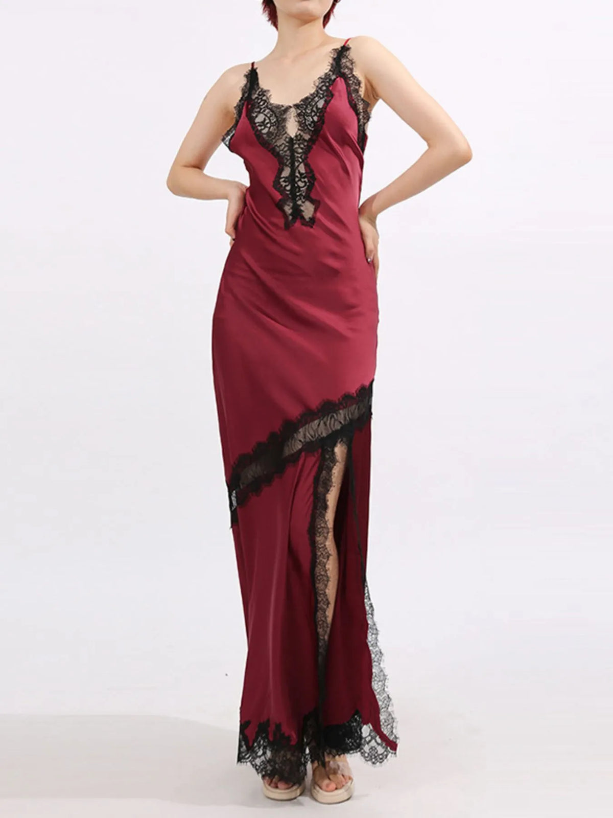 Burgundy Lace-Detail Slit Maxi Cami Dress