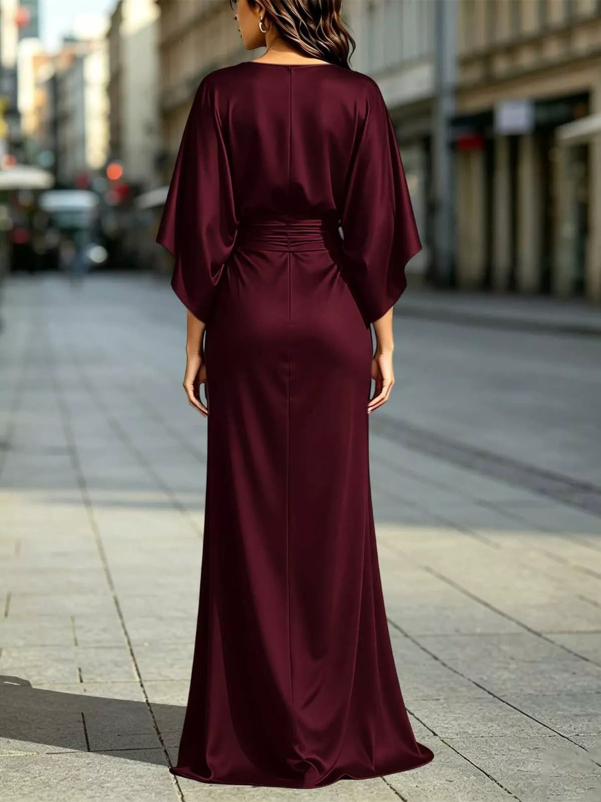 Ruched-Waist Draped-Sleeve Slit Maxi Dress with Pockets