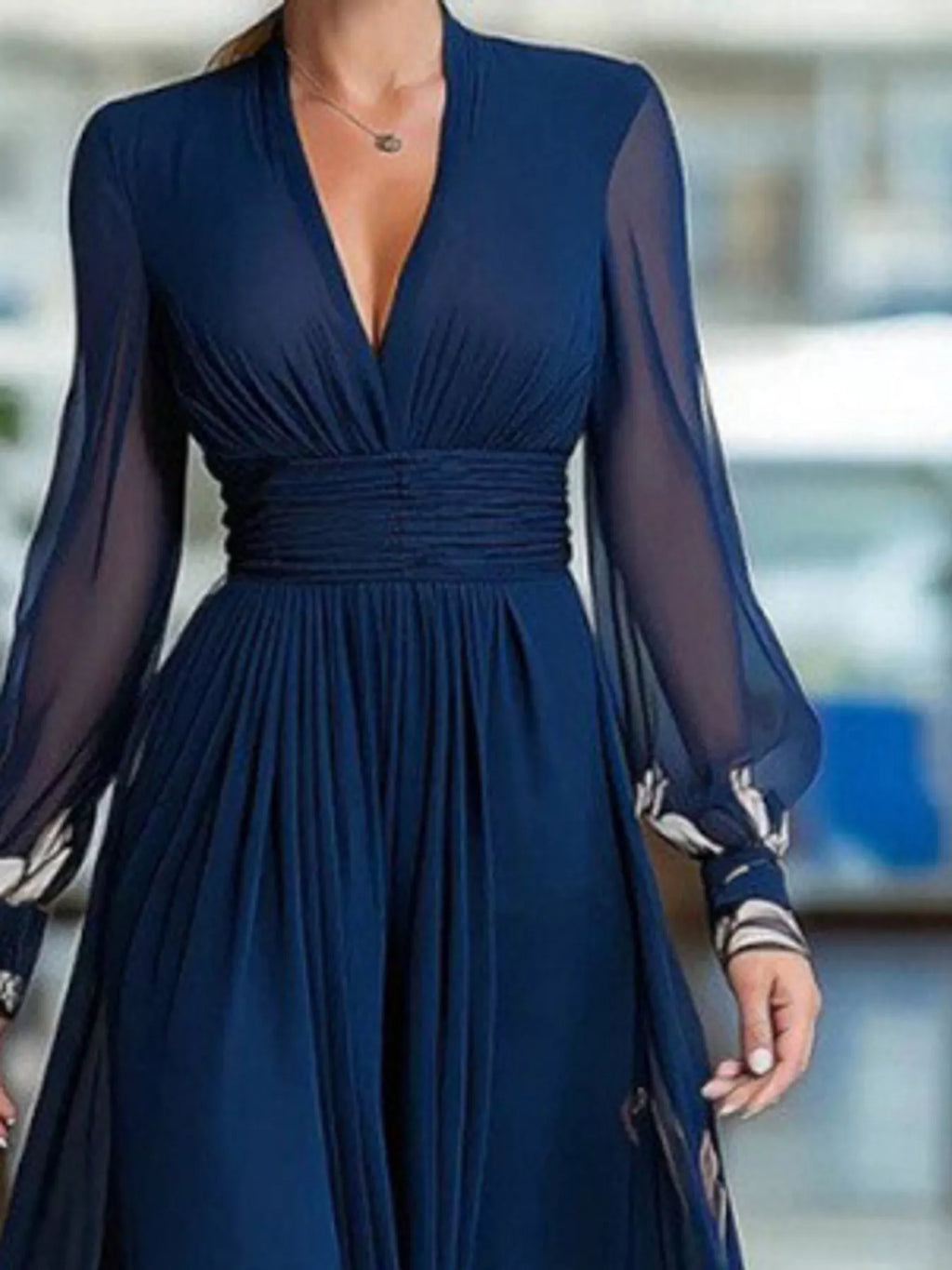 Floral V-Neck Sheer-Sleeve Ruched Maxi Dress