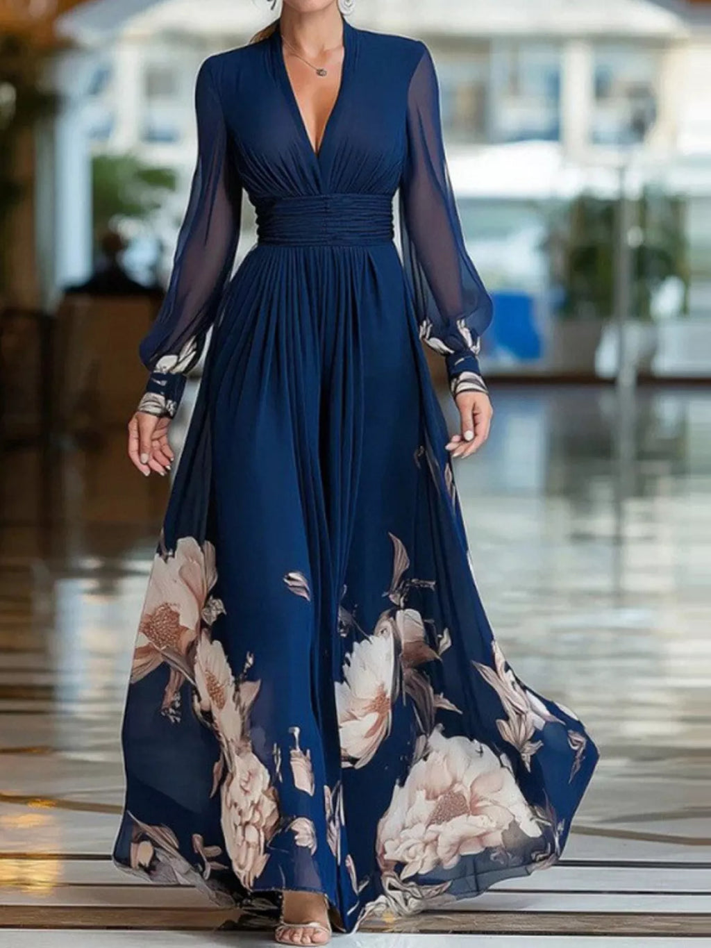 Floral V-Neck Sheer-Sleeve Ruched Maxi Dress