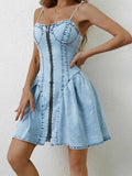 Zip-Front Spaghetti-Strap Denim Mini Dress