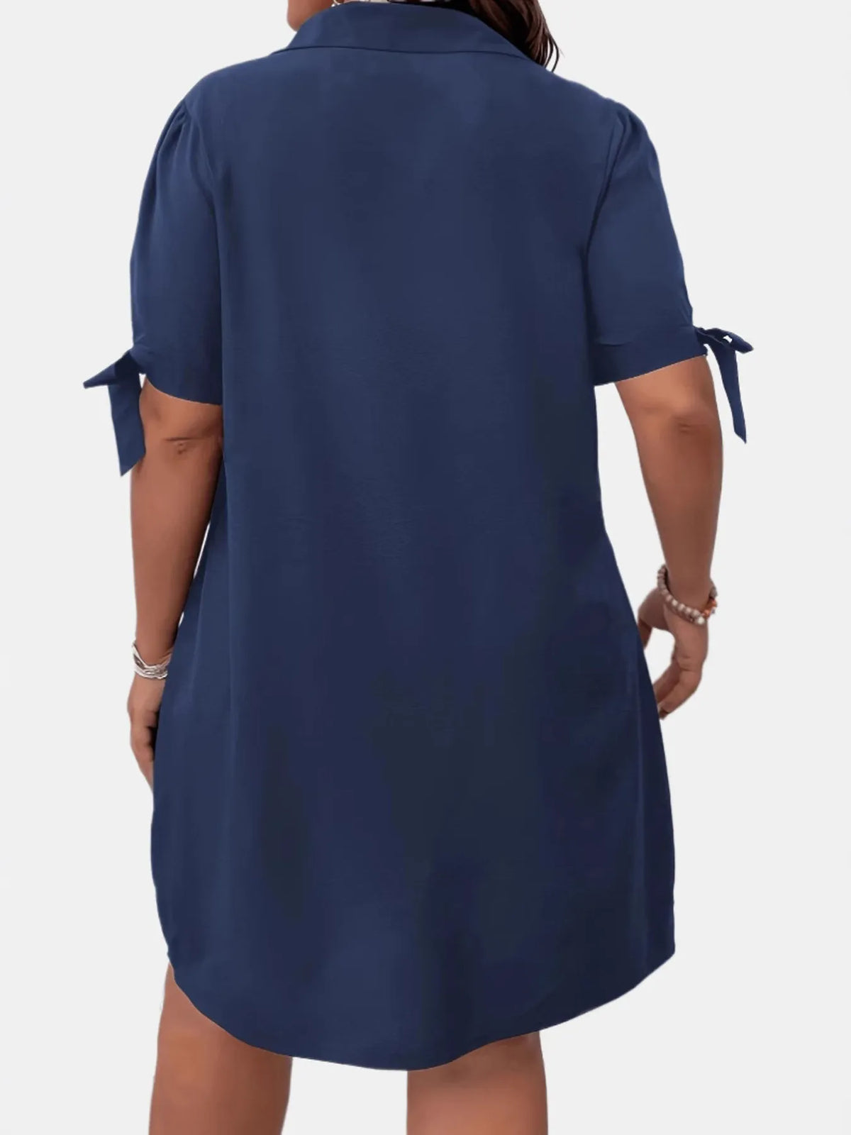 Navy Button-Detail Tie-Sleeve Shift Mini Dress