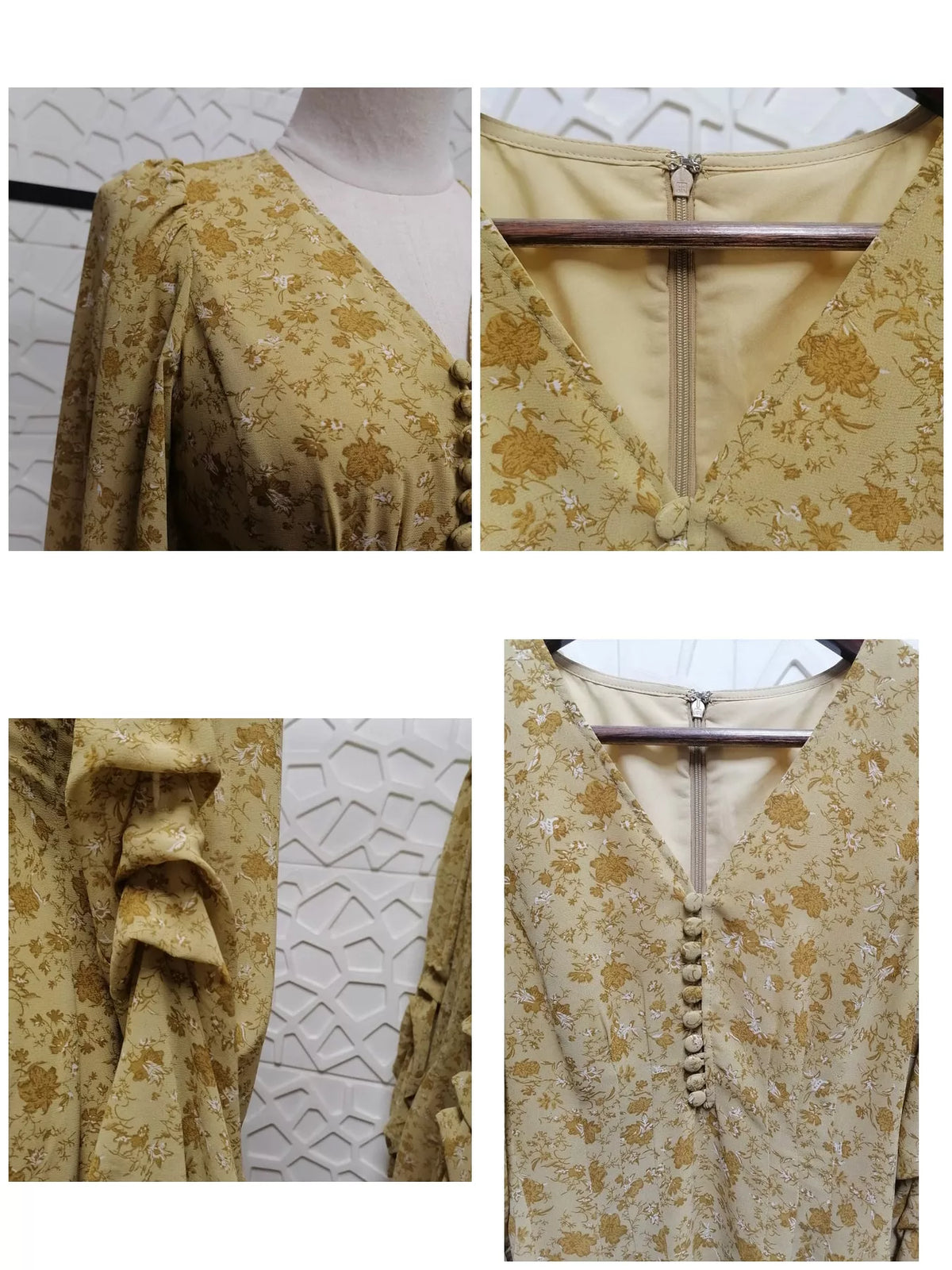 Yellow Floral V-Neck Long-Sleeve Midi Dress