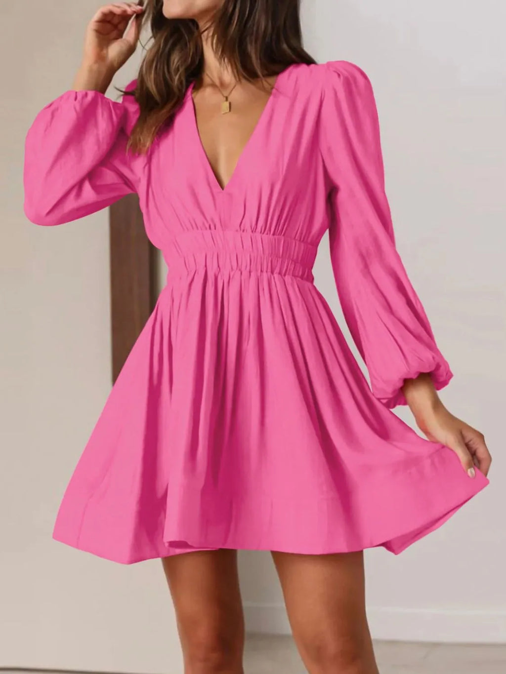 Ruched V-Neck Balloon-Sleeve Mini Dress