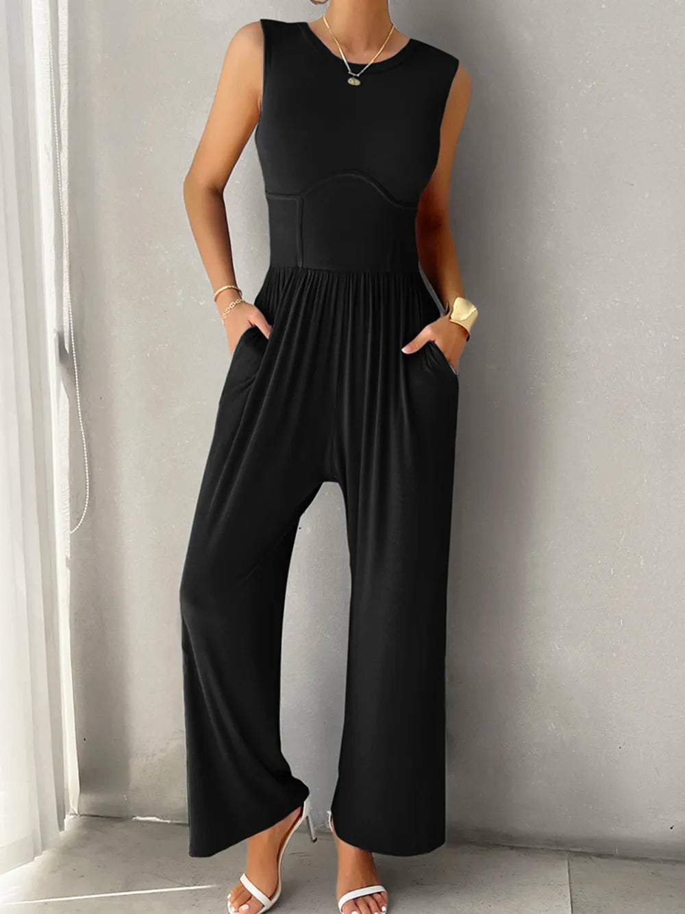 DeVine Round-Neck Sleeveless Wide-Leg Jumpsuit