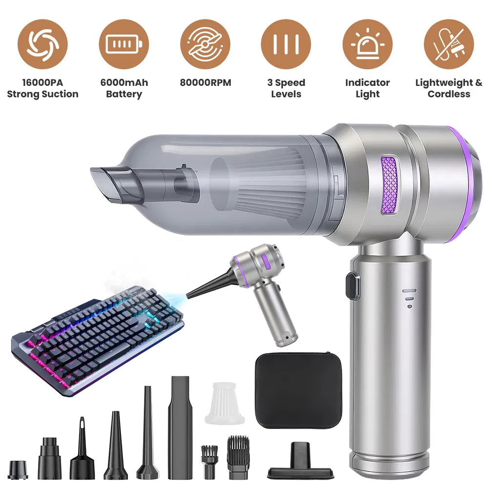 4-in-1 Cordless Car Vacuum & Air Duster — 16,000PA Brushless, 2 Reusable Filters — Eliza & Tuan