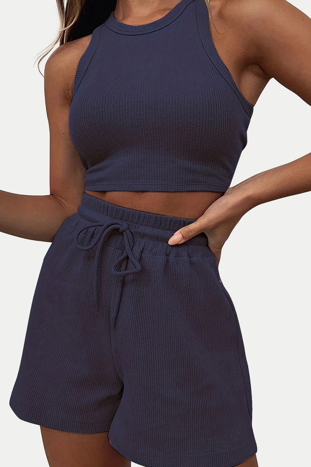 Round-Neck Crop Top & Drawstring Shorts Set