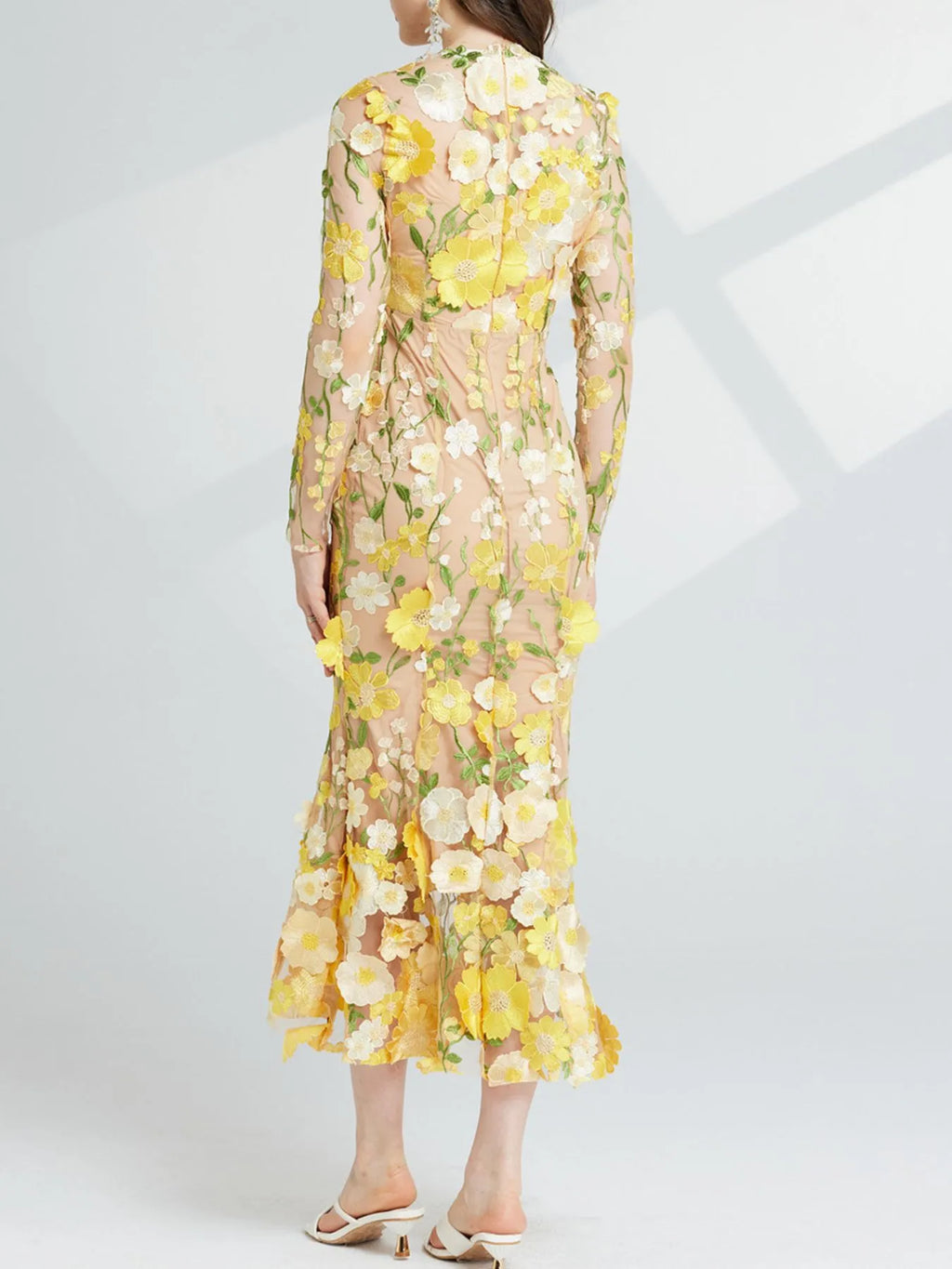 Floral-Embroidered Mesh Long-Sleeve Midi Dress