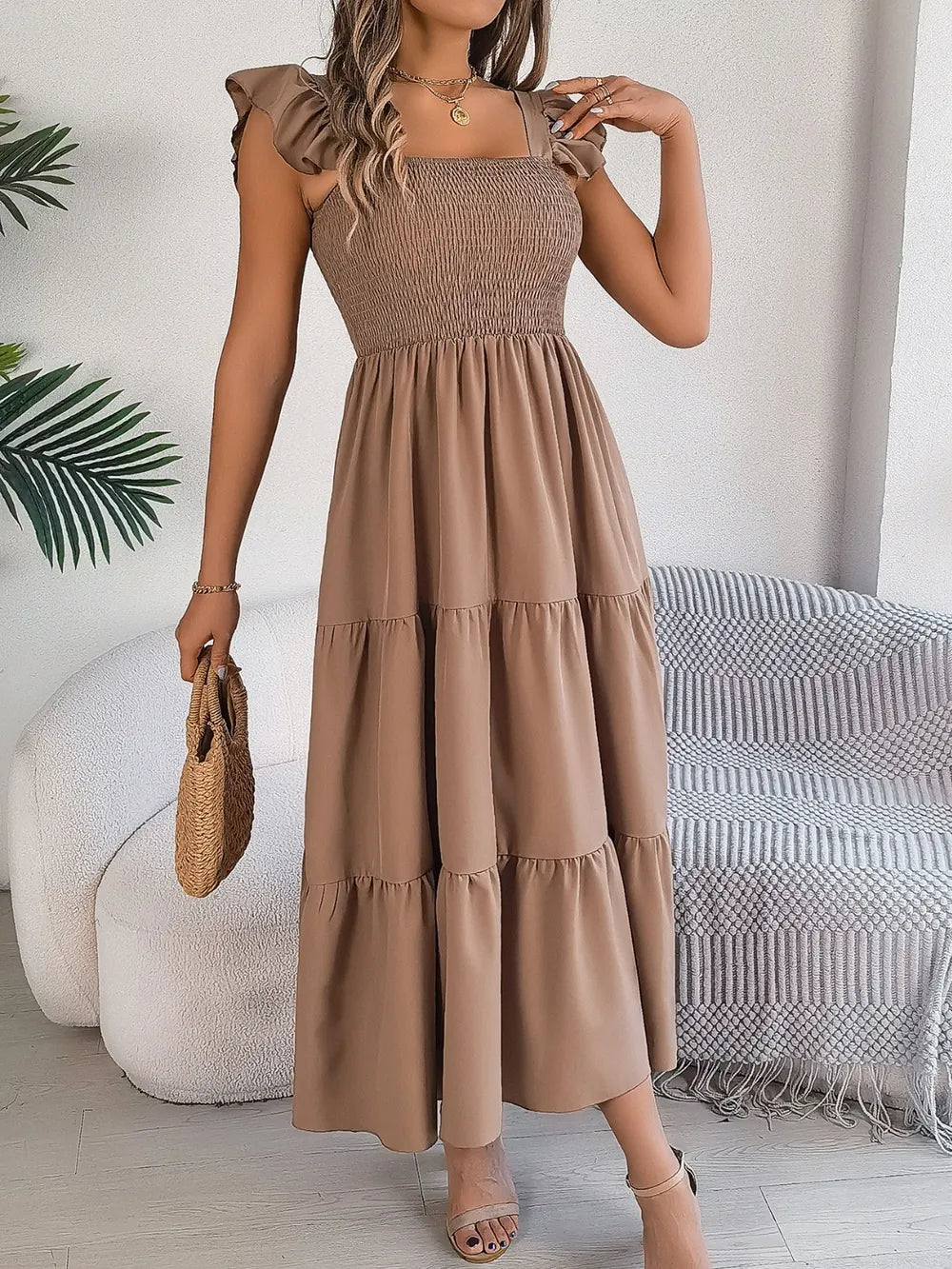 Smocked Square-Neck Cap-Sleeve Midi Dress