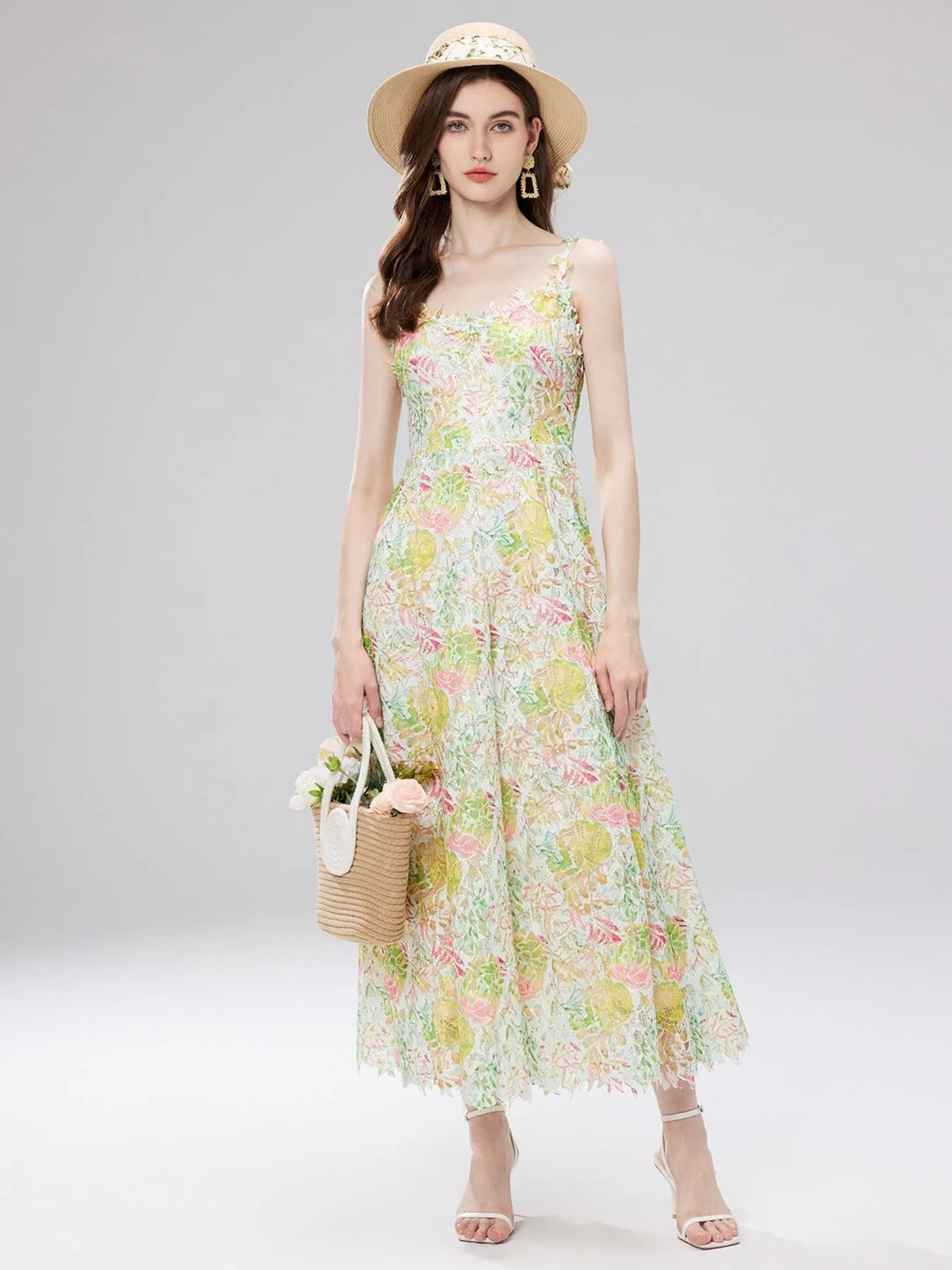 Floral Lace Sleeveless V-Neck Midi Dress