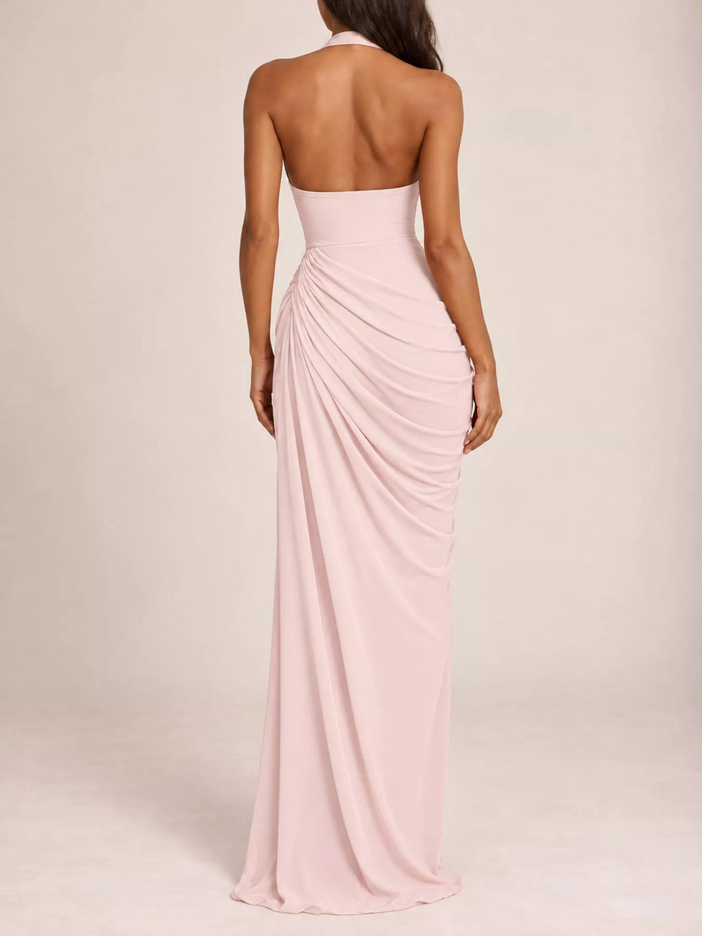 Halter-Neck Ruched High-Slit Maxi Evening Dress
