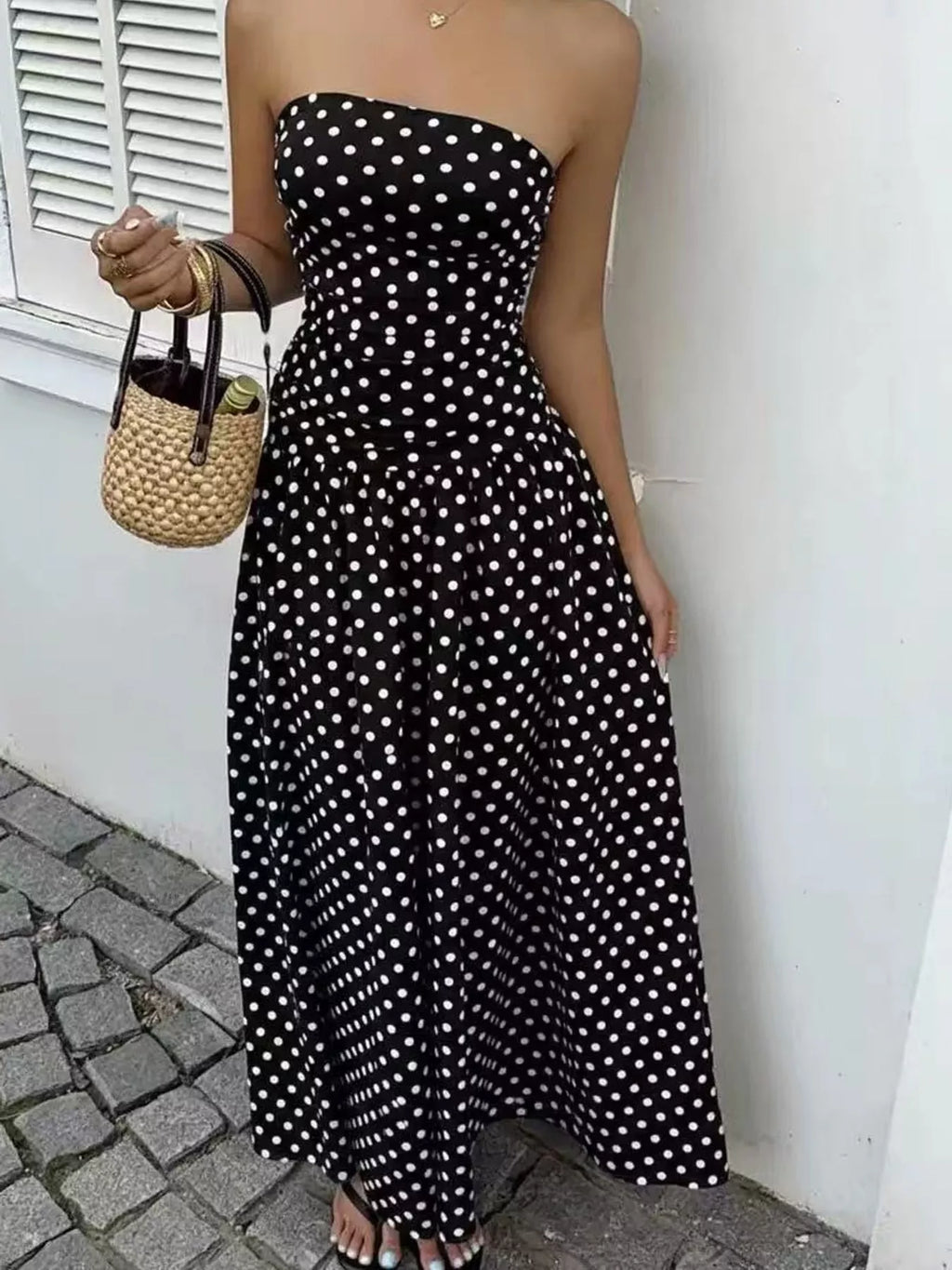 Strapless Polka-Dot Ruched Maxi Dress, S–2XL