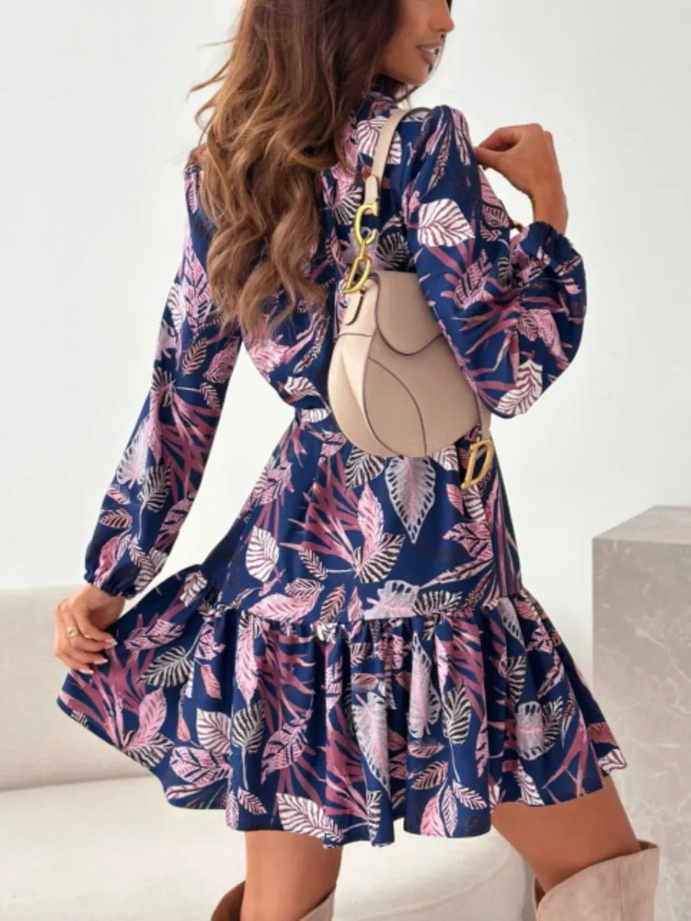 Floral Long-Sleeve Tie-Waist Ruffle-Hem Mini Dress