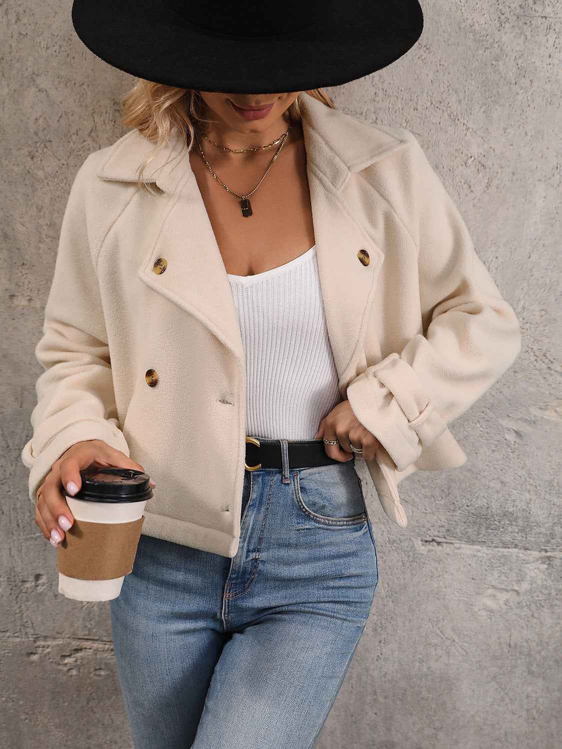 Sand Double-Breasted Cropped Jacket