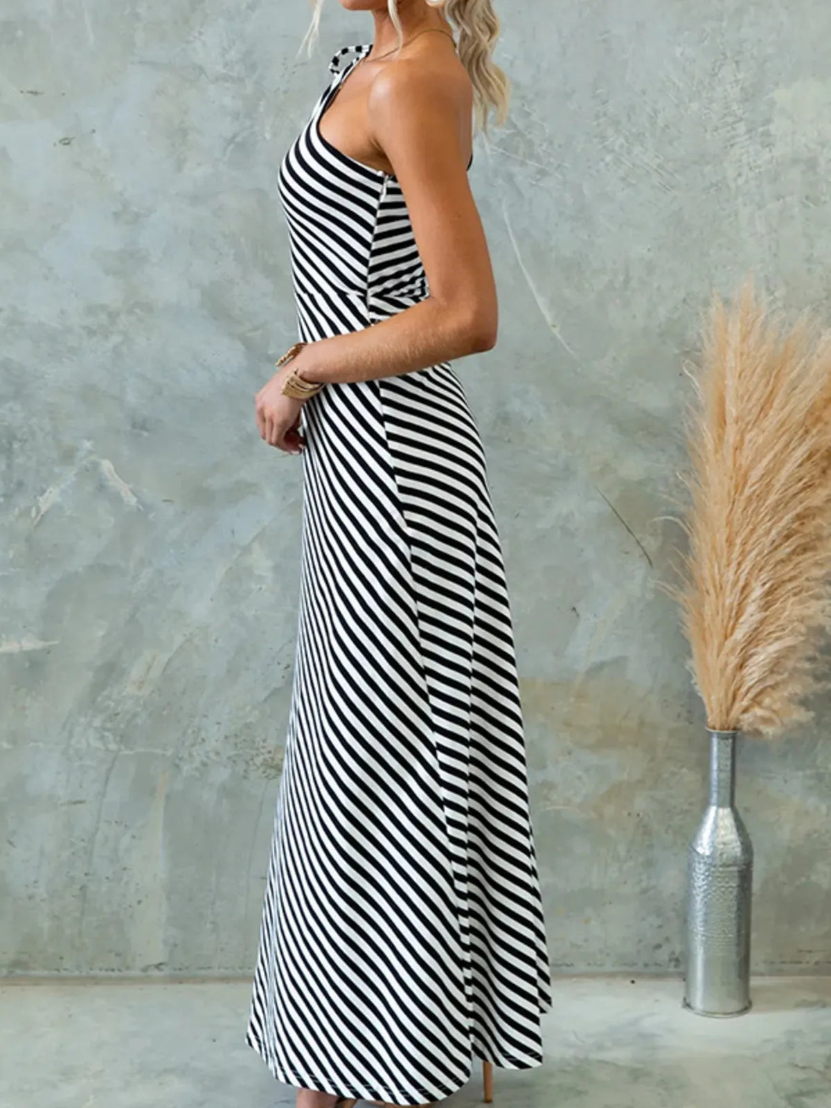 One-Shoulder Striped Tie-Detail Maxi Dress