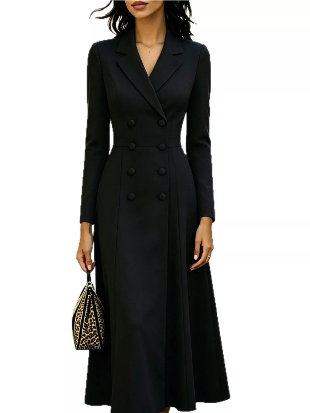Double-Breasted Lapel-Collar Long-Sleeve Midi Dress