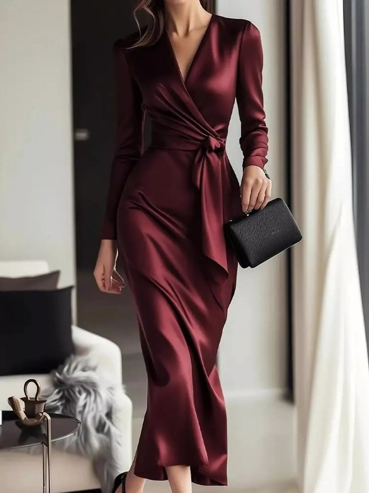 Satin Surplice Tie-Waist Long-Sleeve Midi Dress