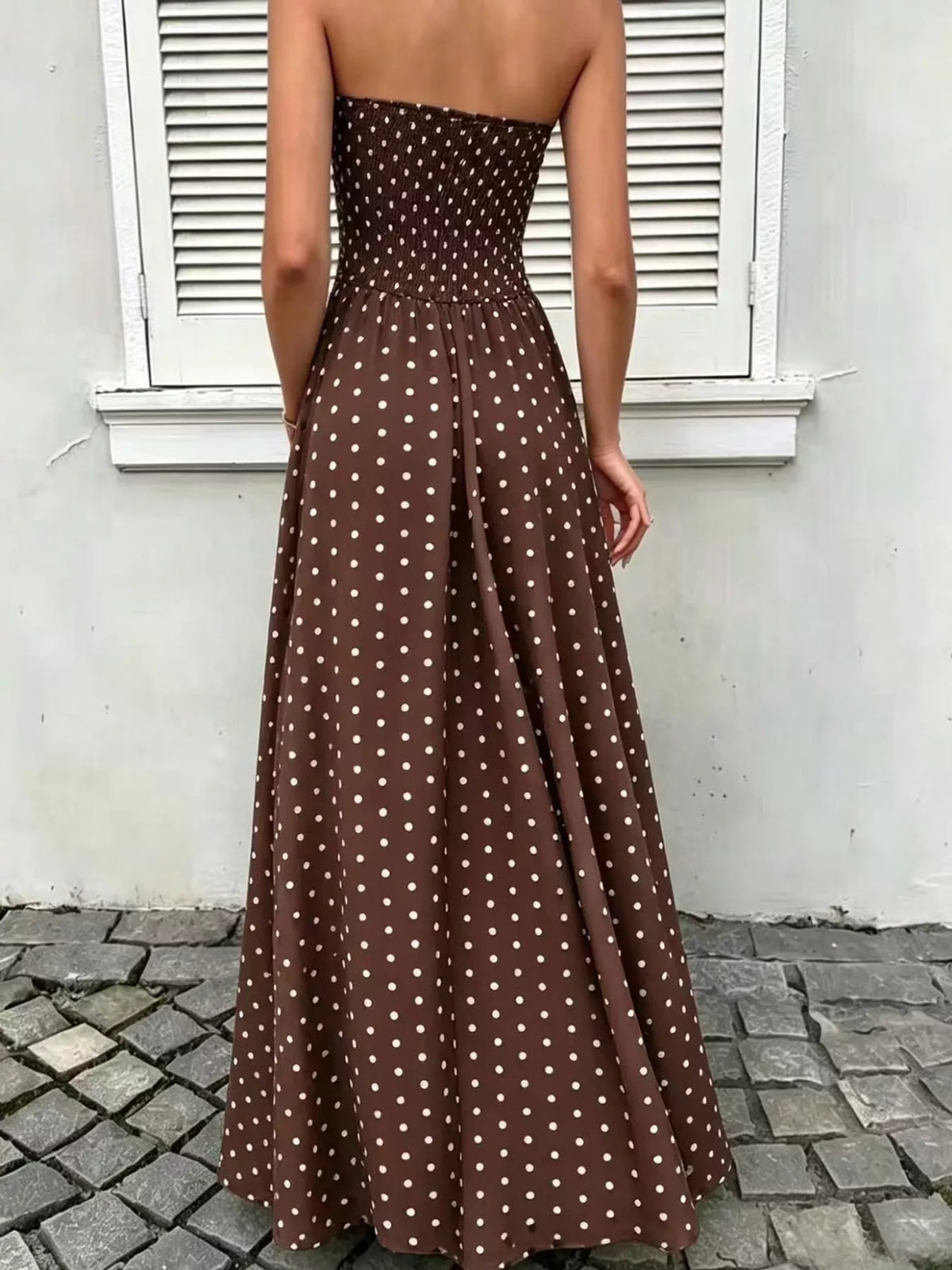 Strapless Polka-Dot Ruched Maxi Dress, S–2XL