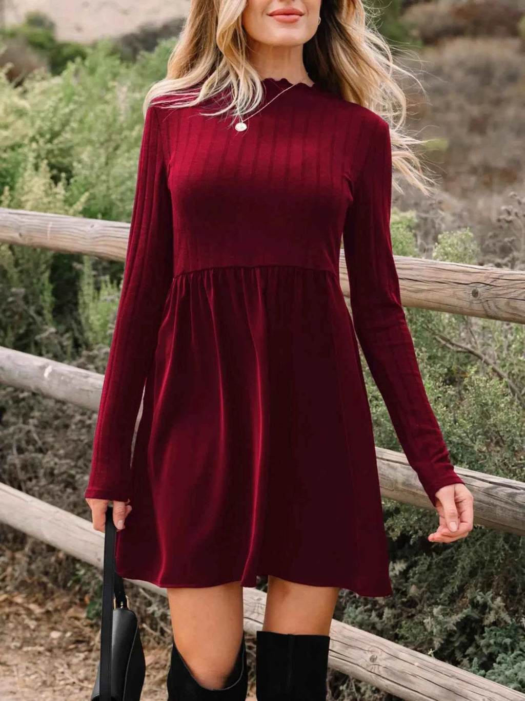 Burgundy Frilled-Neck Ribbed Knit Mini Dress