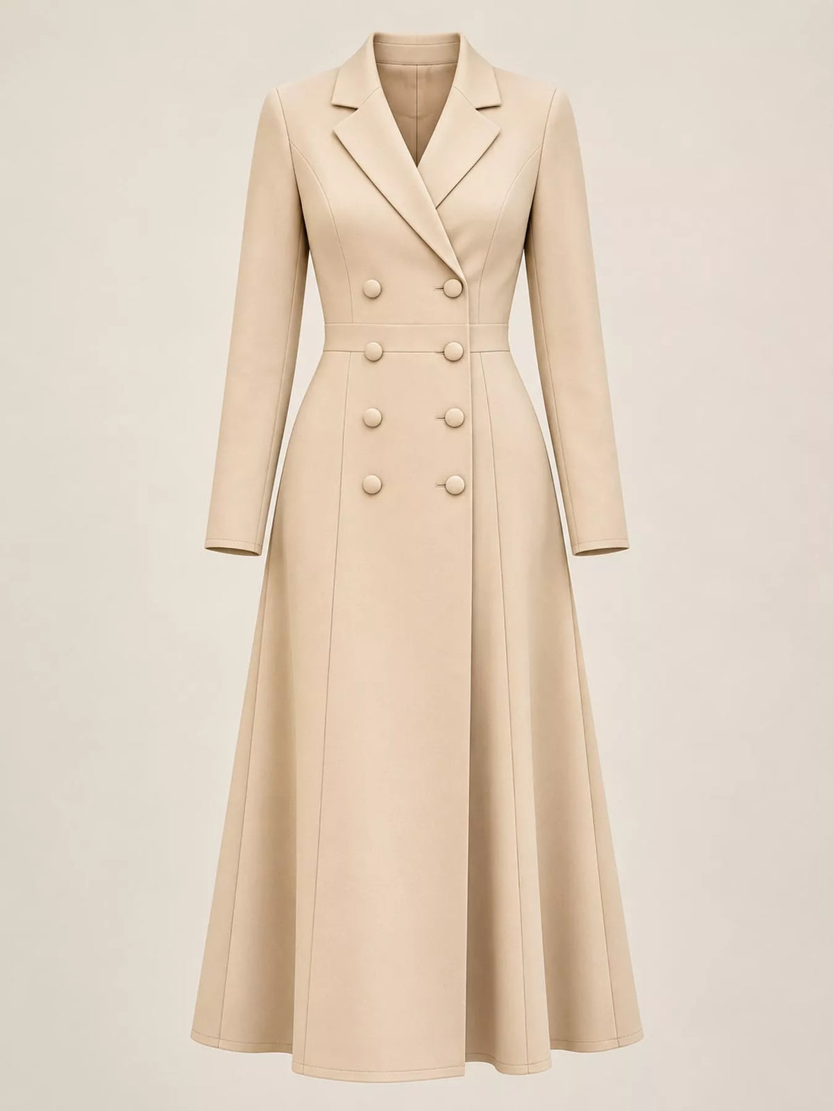 Double-Breasted Lapel-Collar Long-Sleeve Midi Dress