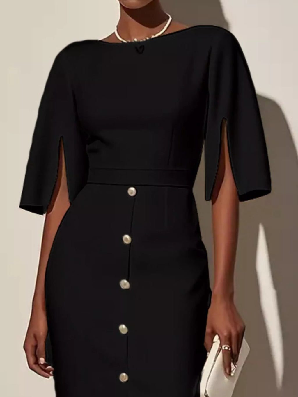 Slit-Sleeve Decorative-Button Midi Dress