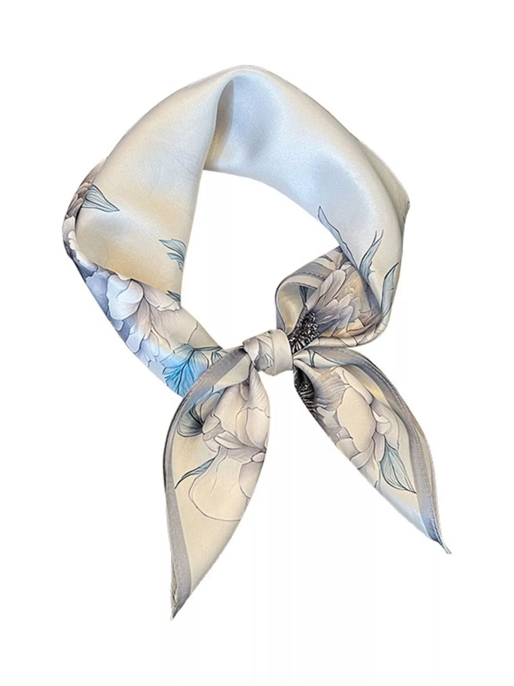 Light gray floral square scarf tied in a loop against a white background.