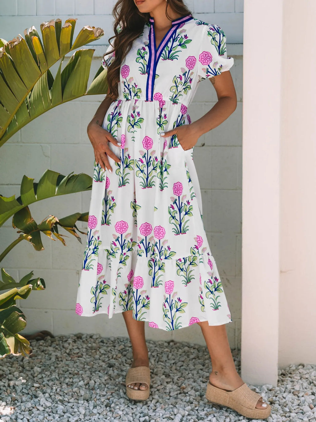 White Floral Short-Sleeve Tiered Midi Dress with Pockets