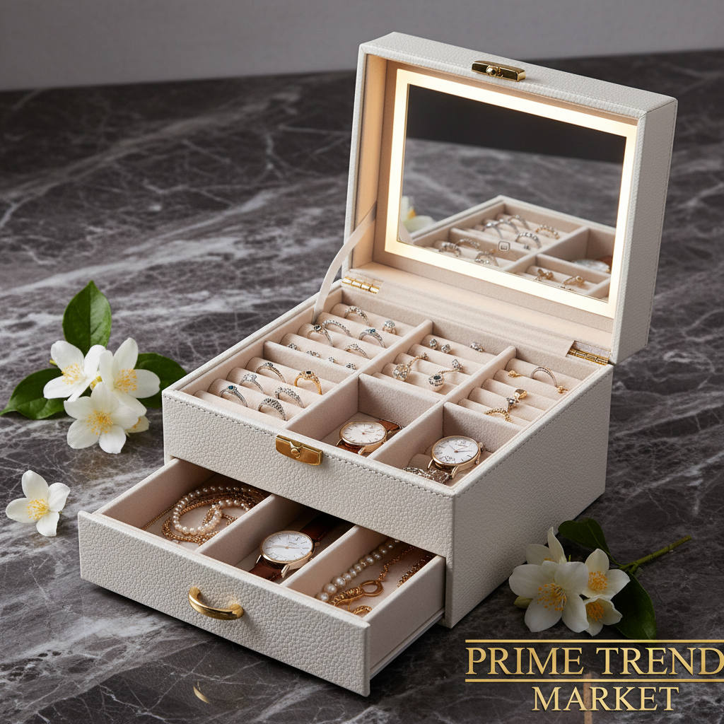 3-Layer Jewelry Box with LED Mirror & 2 Drawers – PU Leather Organizer, 3 Light Colors | Creamy White — Prime Trend Market