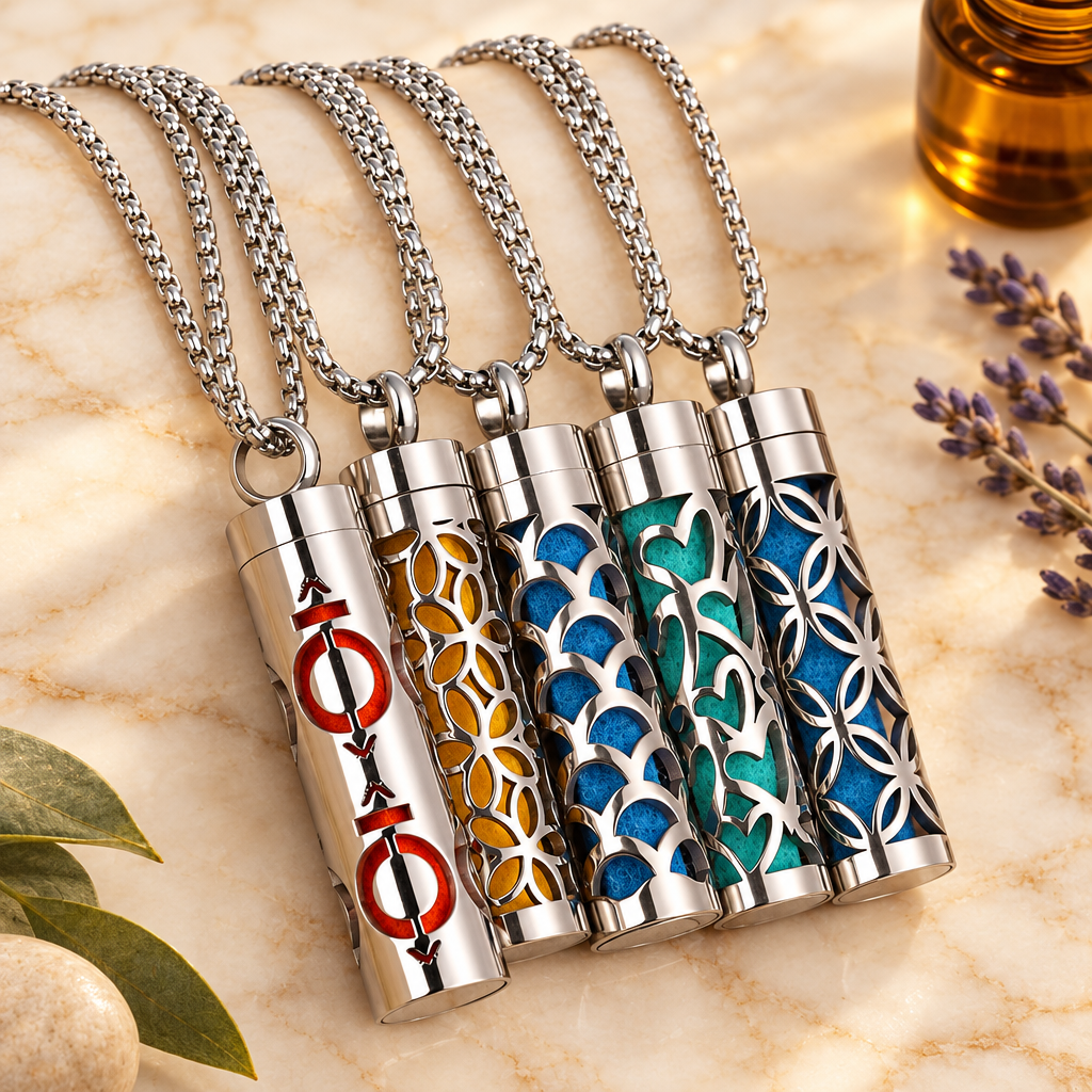 Aromatherapy Essential Oil Pendant Necklace — Titanium Steel Diffuser Locket | 16 Styles + Cotton Pads