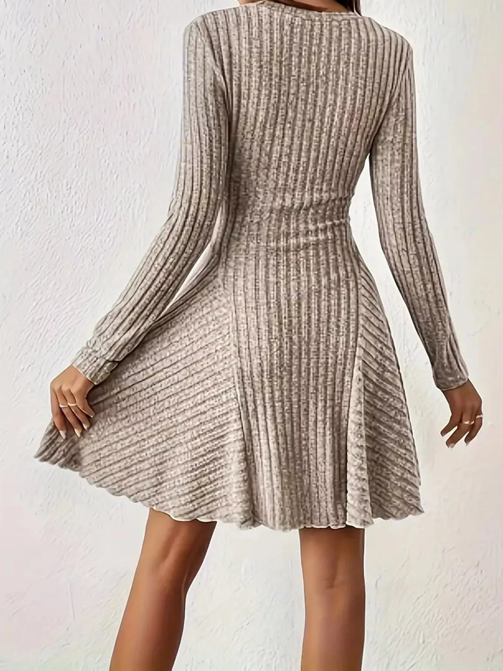 Long-Sleeve Ribbed Knit A-Line Mini Dress