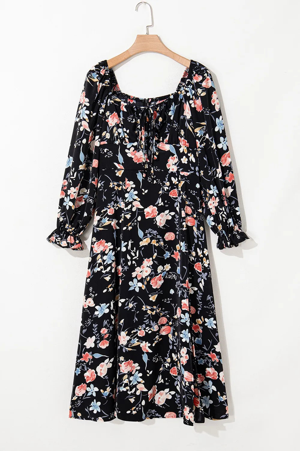 Floral Square-Neck Flounce-Sleeve Slit Midi Dress