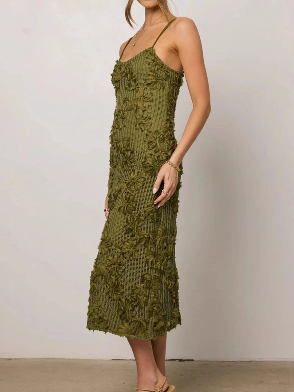Olive Floral-Texture Midi Cami Dress