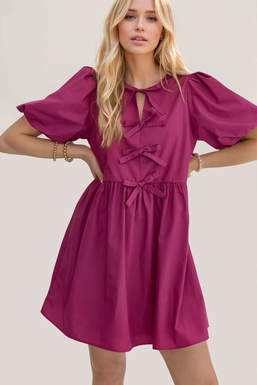 Cerise Bow-Detail Puff-Sleeve Cotton Mini Dress