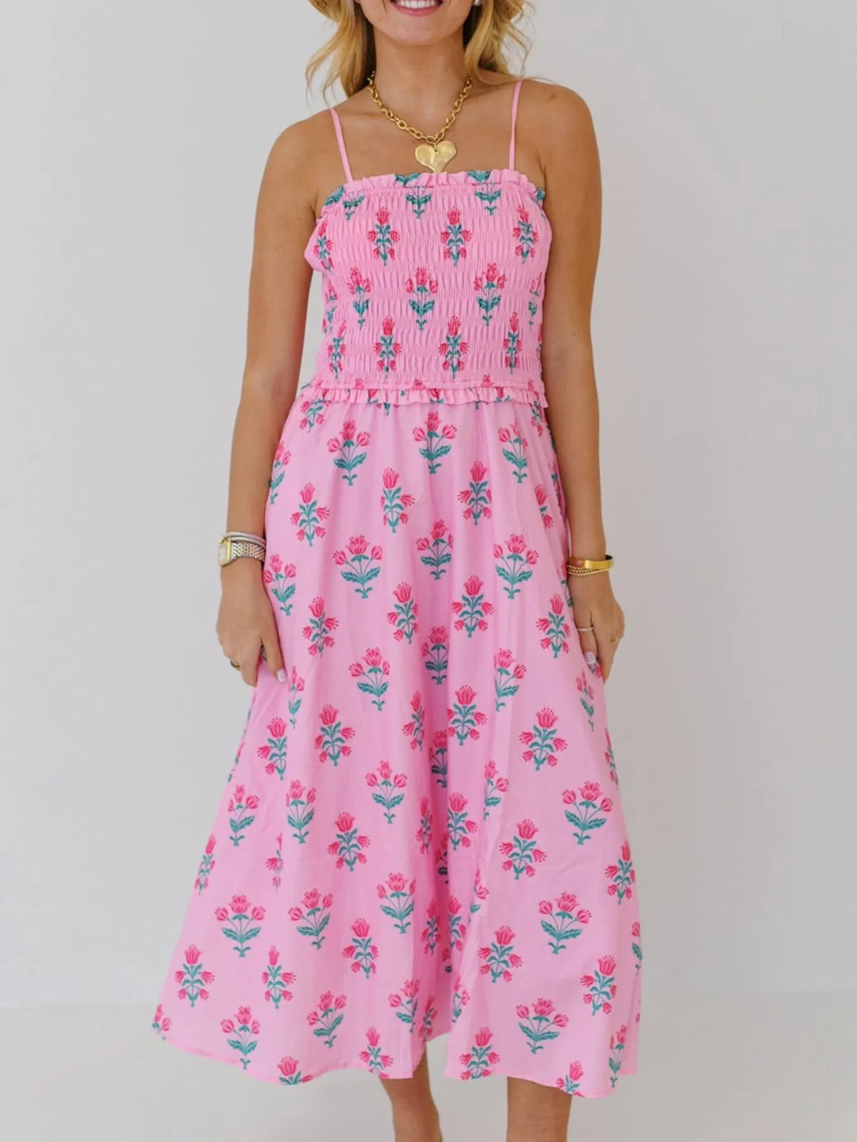 Floral Smocked Adjustable-Strap Midi Dress