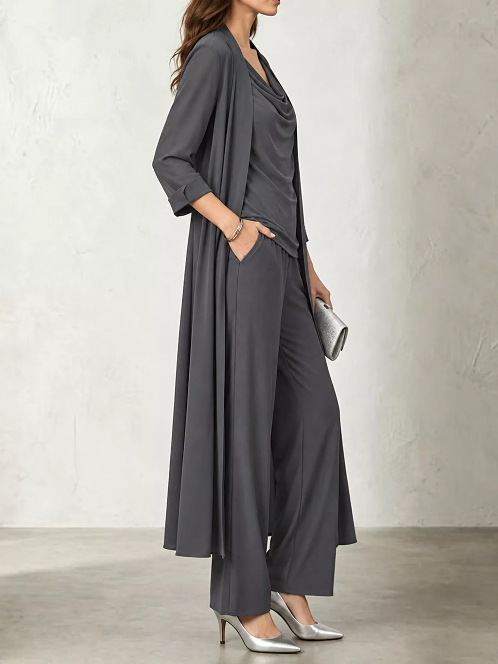 Cowl-Neck Top, Cardigan & Wide-Leg Pants Three-Piece Set